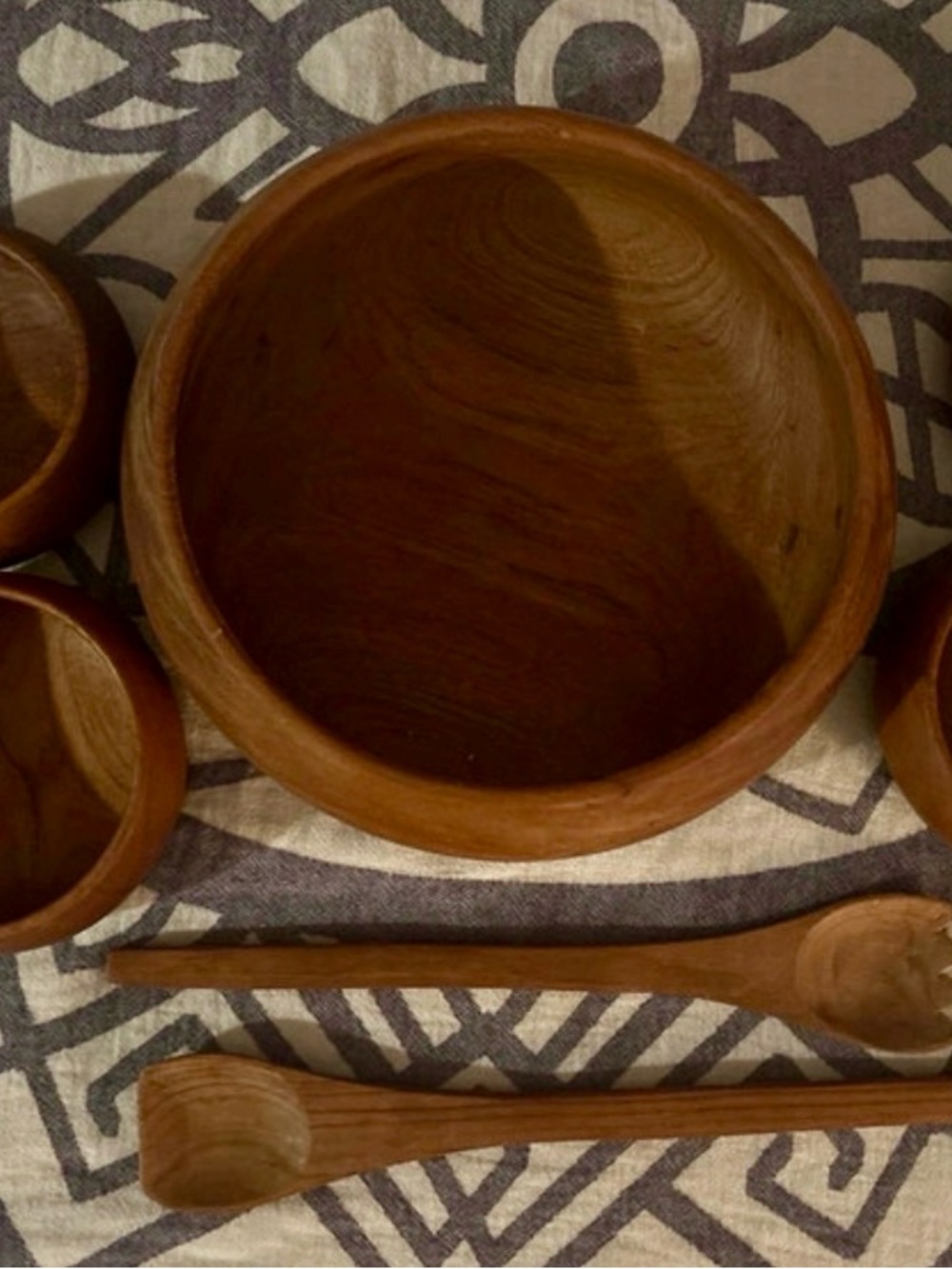 Handcrafted Brown Wooden Serving Bowl Set with Spoons